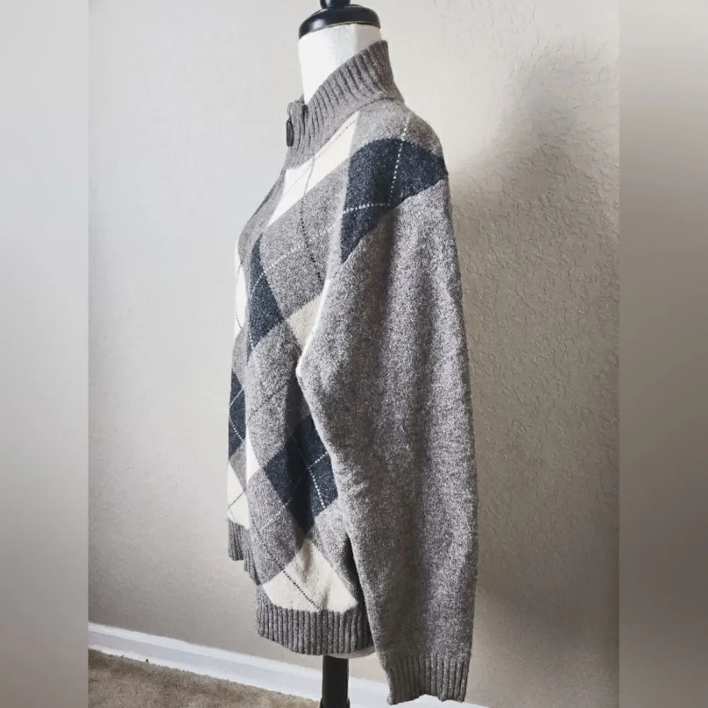 J. Crew Lambwools Argyle Zip-Up Elbow Patch Sweater Cardigan Gray  Size L